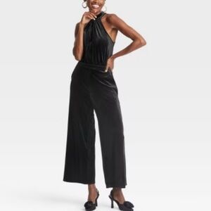 A New Day Velour Velvet Halter Neck Wide Leg Jumpsuit Pockets Black Size XXL NWT